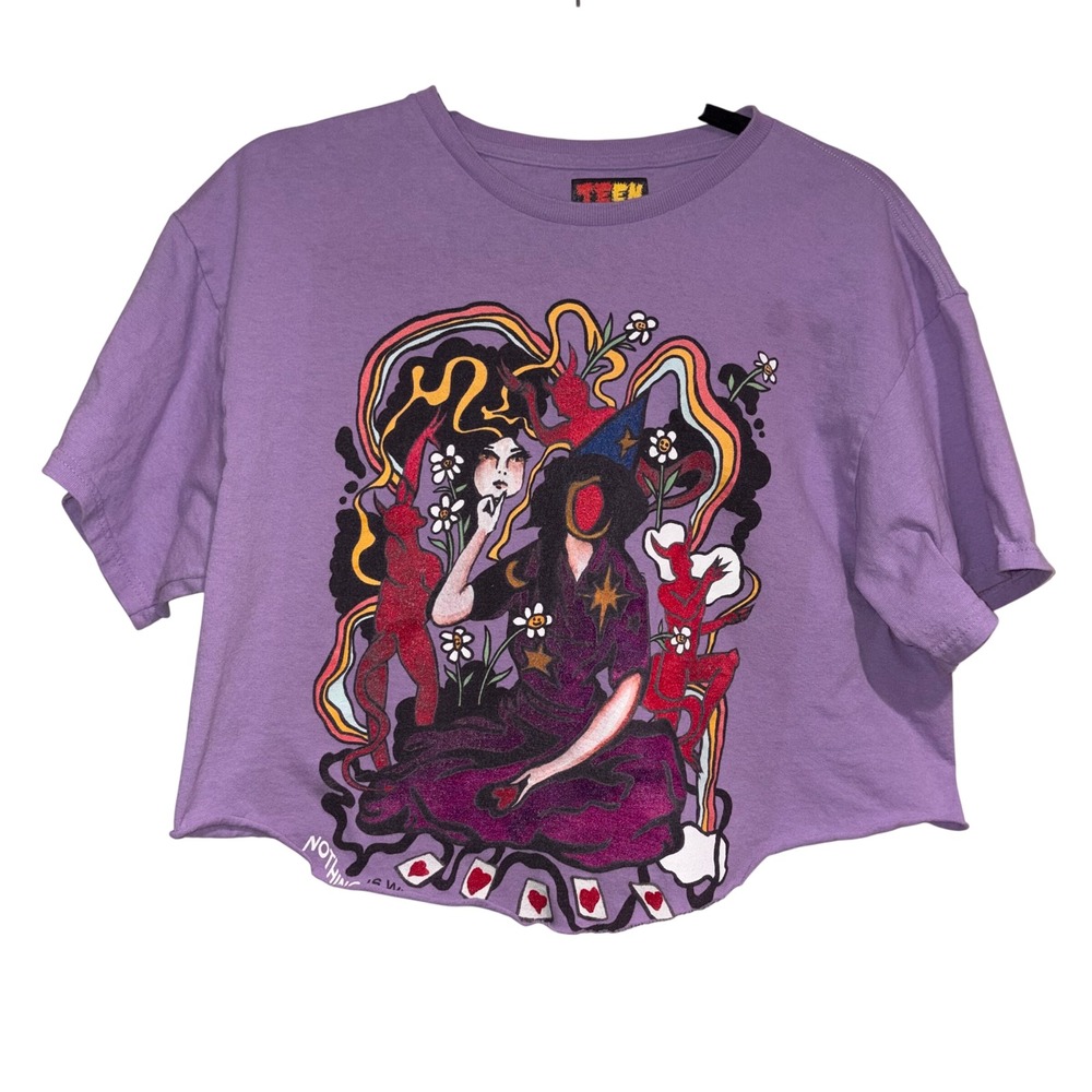 Vintage Streetwear Raw Hem Teen Hearts Crop Top T-Shirt L Purple